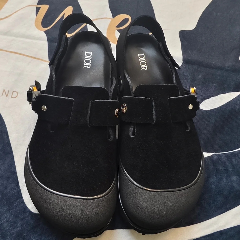 Dior Black Suede Platform Slingback Clogs with Metal Accents